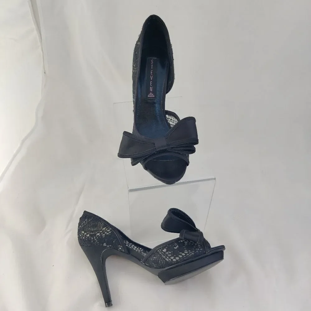 Steve madden Vale Sz 6 Giant Bow Black Lace D'Orsay Platform Stiletto Peep Heels
